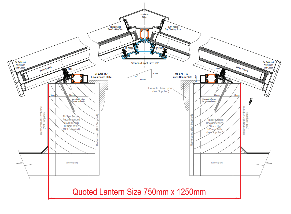 750 x 1250 mm Stratus Aluminium Roof Lantern Style 2 (Traditional).
