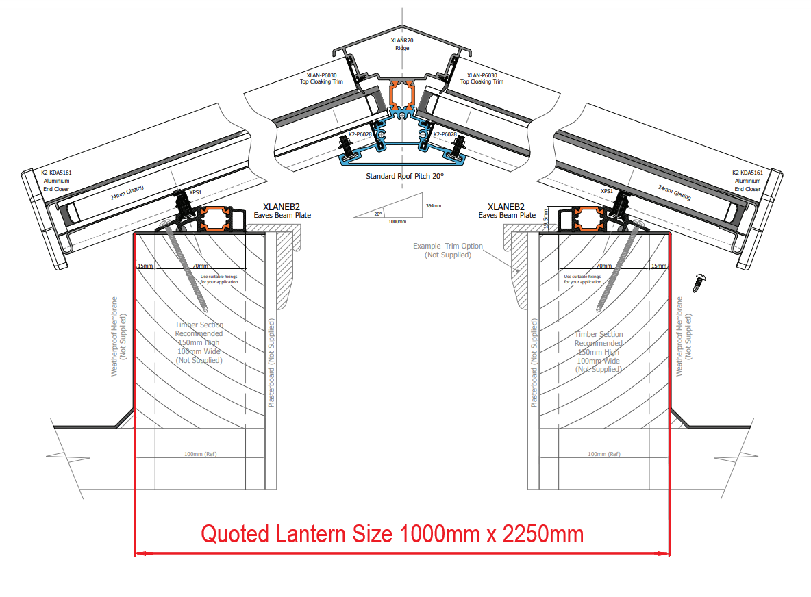 1000 x 2250 mm Stratus Aluminium Roof Lantern Style 5 (Traditional).