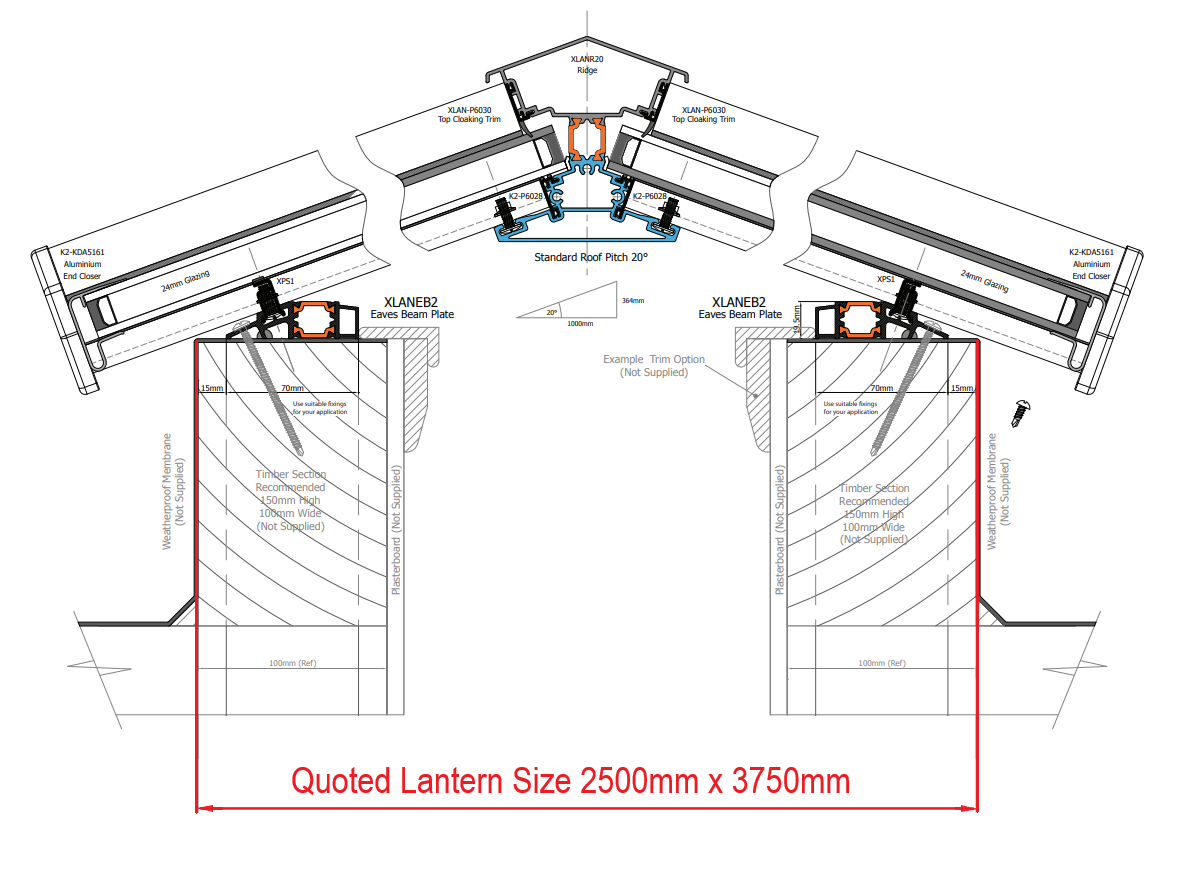 2500 x 3750 mm Stratus Aluminium Roof Lantern Style 5 (Traditional).