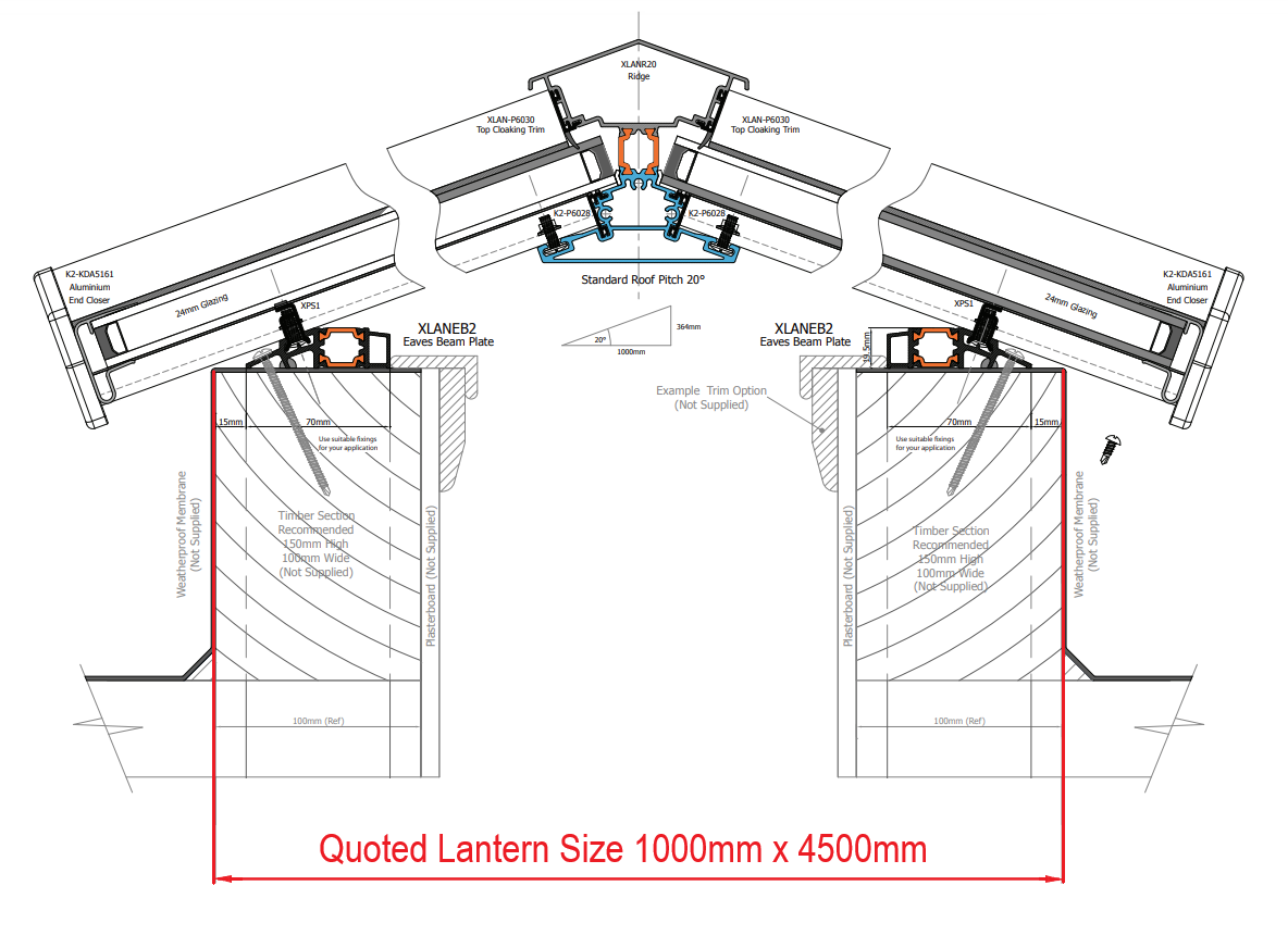 1000 x 4500 mm Stratus Aluminium Roof Lantern Style 6 (Traditional).