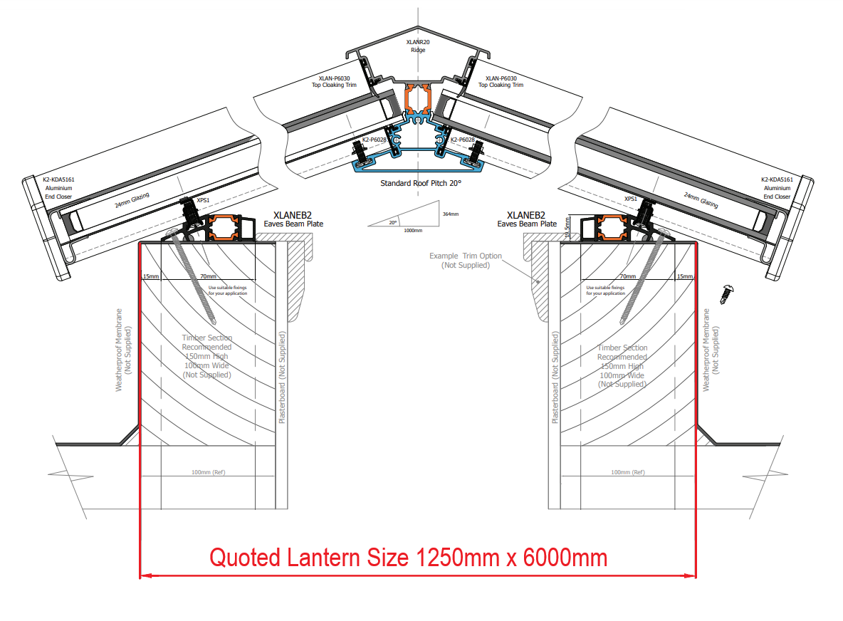 1250 x 6000 mm Stratus Aluminium Roof Lantern Style 6 (Traditional).