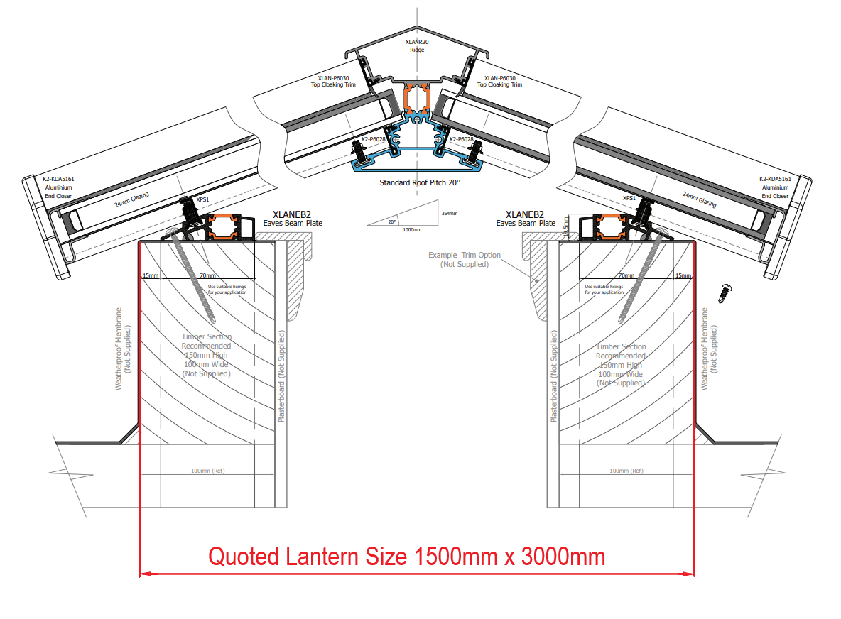 1500 x 3000 mm Stratus Aluminium Roof Lantern Style 6 (Traditional).